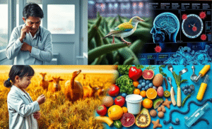 Illustration depicting recent public health updates including measles, avian flu, Alzheimer’s research, and gut health.