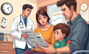A concerned parent discussing vaccination options with a healthcare professional.
